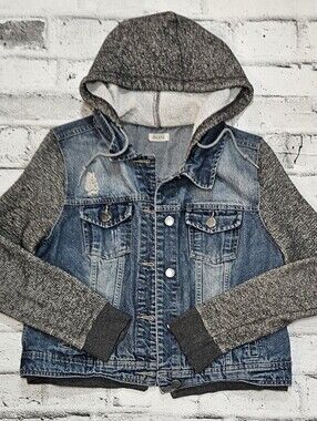 Ardene Denim Jacket Large Gray Knit Sleeve Hoodie Distressed Jean Jacket